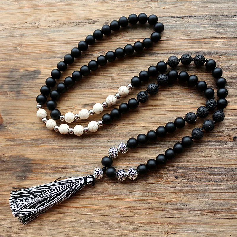 

Fashion 8mm Black Lava Stones Bohemian Tribal Jewelry Long Black Tassel Necklace For Women Handmade Jewelry