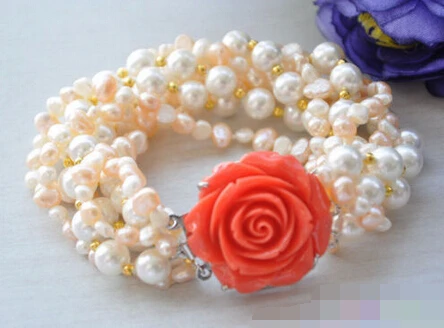

01271 7row 8" ROUND white shell pink baroque PEARL bracelet