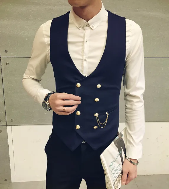 Mens Double Breasted Vest Men Dress Suit Vest Men Formal Black Gtrey