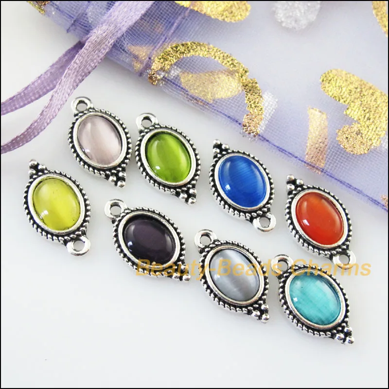 

New 8Pcs Mixed Retro Tibetan Silver Cat Eye Stone Oval Charms Pendants 9x16.5mm