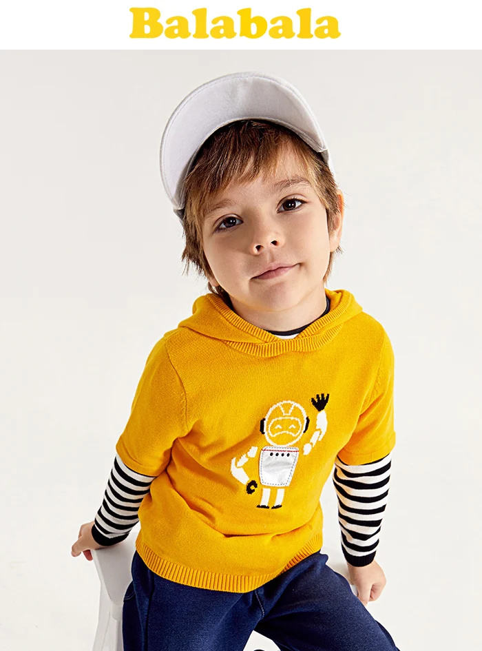 Balabala/Детский свитер с капюшоном с имитацией двух предметов для мальчиков с принтом; весенняя одежда для маленьких мальчиков