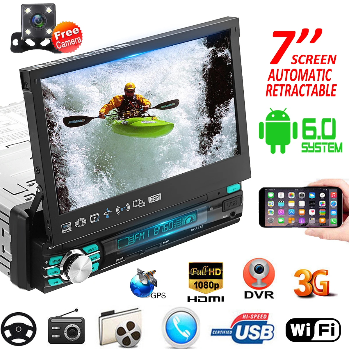 

7 inch 1DIN Universal Car Multimedia DVD Pleayer Android 6.0 GPS Navigation Radio Stereo Full HD 1080P WIFI Rearview Camera