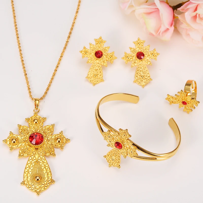 

Bangrui Ethiopian Rhinestone Cross Jewelry Set Gold Color Necklace/Earrings/Ring/Bangle Habesha Africa Wedding Gifts