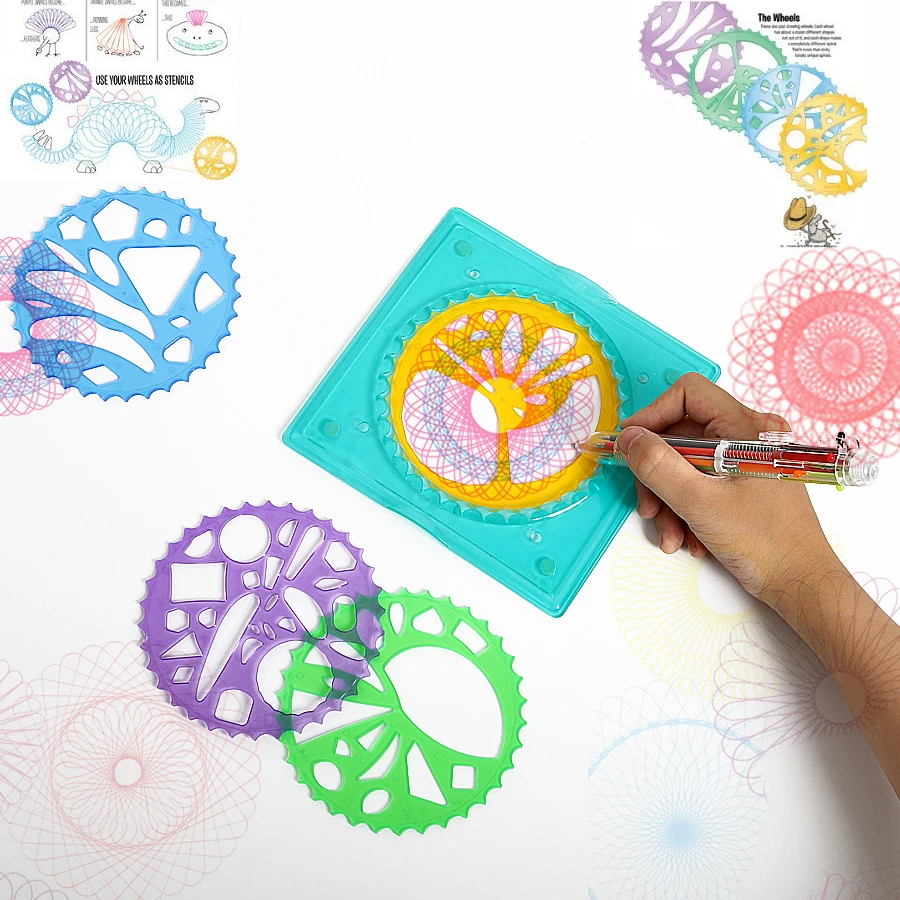 Спиральный рисования дизайн спирографа playset с 4 рисунок колеса и 1 6-ти цветов-переключатель ручка образовательные игрушки для рисования для детей