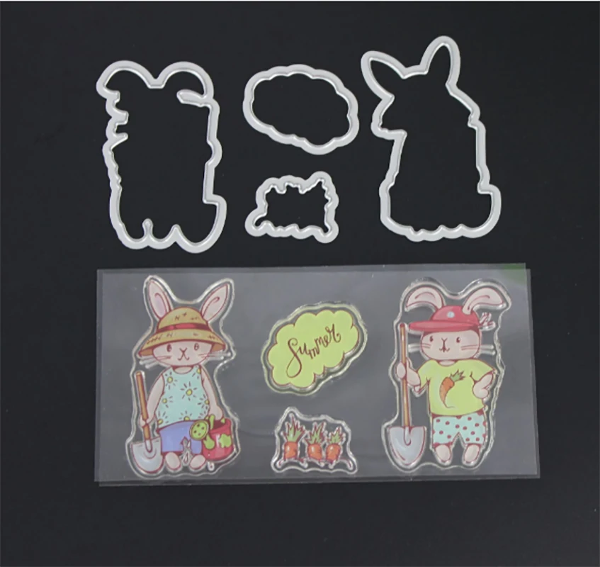 

ZhuoAng Hardworking rabbit Cutting Dies and Clear Stamp Set for DIY Scrapbooking Photo Album Decoretive Embossing Stencial