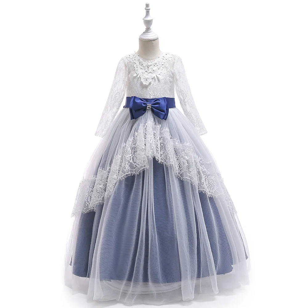 Кружевное платье без рукавов для девочек, длинное платье средней и большой длины, детское свадебное платье с открытой спиной, платья для выпускного вечера, 5-14 лет - Цвет: Navy blue