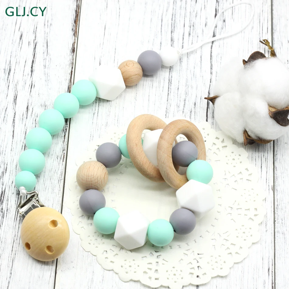 Baby bracelet Wooden Pacifier Clip Montessori Toy Silicone Beads Teether Infant hex silicone BPA Free bracelet