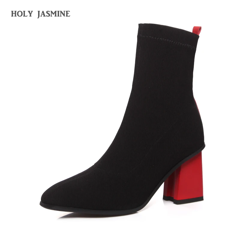 

2019 Spring New Elastic Sock Boots With Heel Stretch Boots Sock Heels Autumn Knitting Boot Lady Mid-calf Boot Women botas mujer