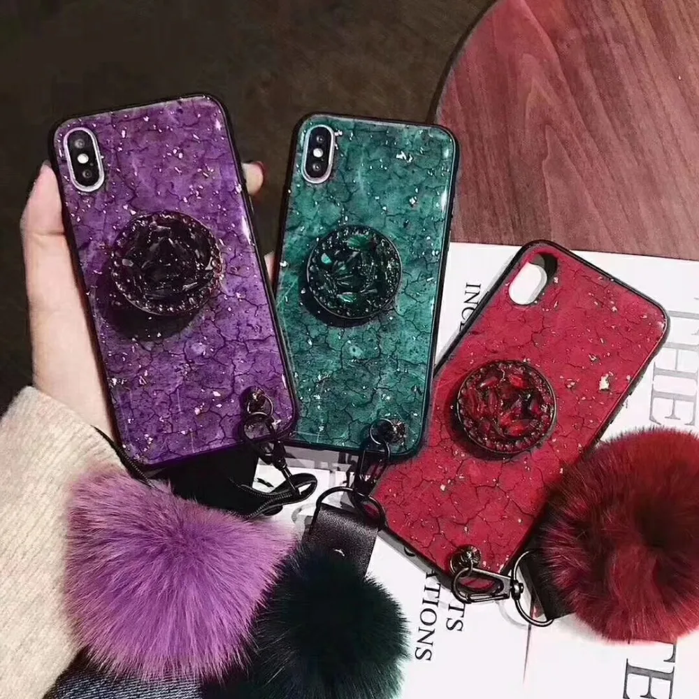 

for iphone 2019 5.8 6.1 6.5 Phone Case Glitter Bracket lanyard Capinha Marble pattern hair ball case For iPhone X XR 6 7 8 Plus