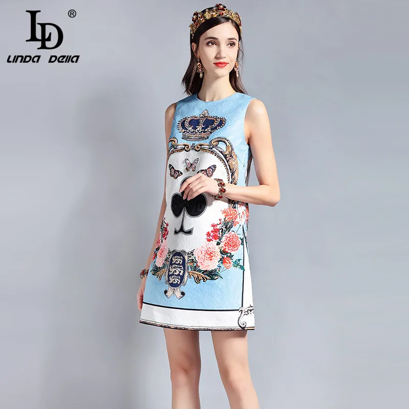 Günstig LD LINDA DELLA Mode Designer Runway Sommer Kleid frauen Ärmellose Pailletten Perlen Jacquard Floral Print Vintage Casual Kleid