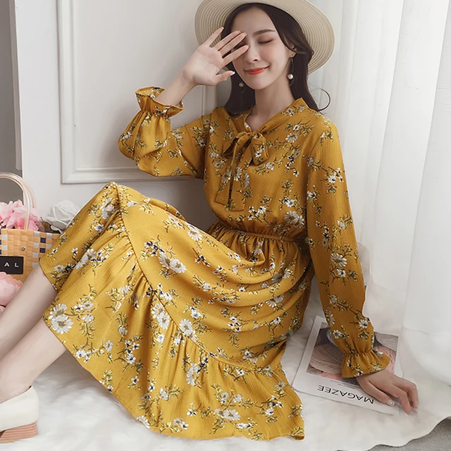 Hot Sale 2018 Autumn Chiffon Printed Beach Dress Cute Women Floral Bowknot Dresses Korean Style Long Sleeve Vintage Yellow Dress