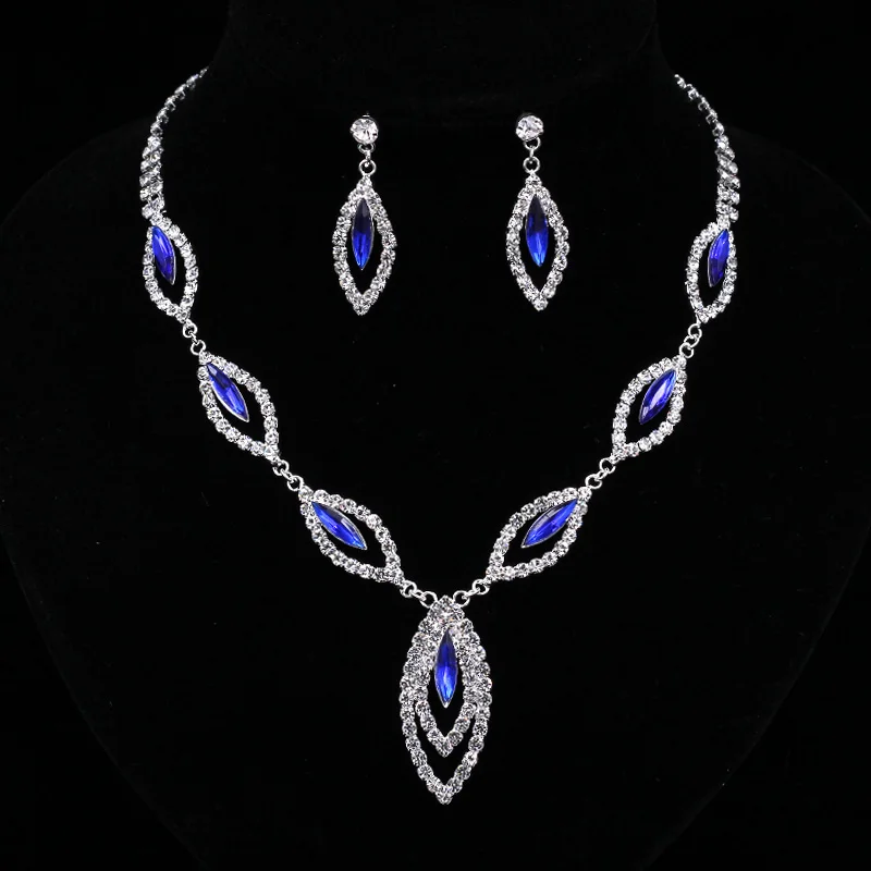TREAZY Royal Blue Crystal Bridal Jewelry Sets Silver Plated Rhinestone Necklace Earrings Set for Women Prom Wedding Jewelry Sets 