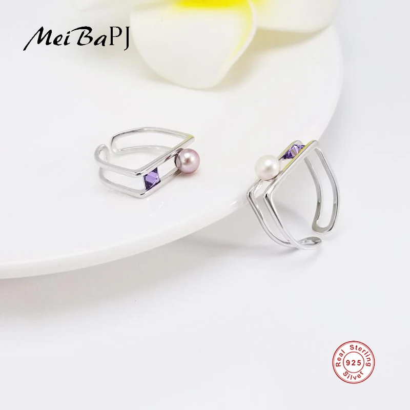 

[MeiBaPJ]Design Personality Zircon Ring Natural Freshwater Pearl Jewelry 925 Sterling Silver Adjustable Ring for Women