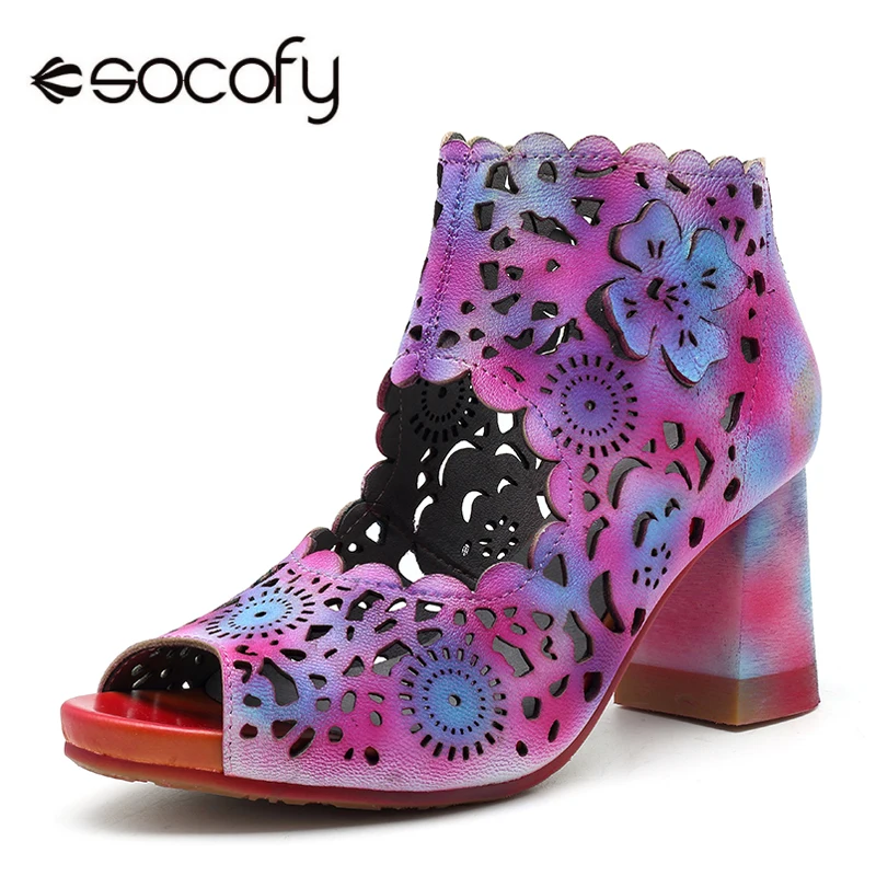 Socofy Colorful Hollow-out Flower Ankle Sandals Women Shoes Genuine Leather Zipper Peep Toe Chunky Heels Retro Summer Shoes New Socofy Colorful Hollow-out Flower Ankle Sandals Women Shoes Genuine Leather Zipper Peep Toe Chunky Heels Retro Summer Shoes New