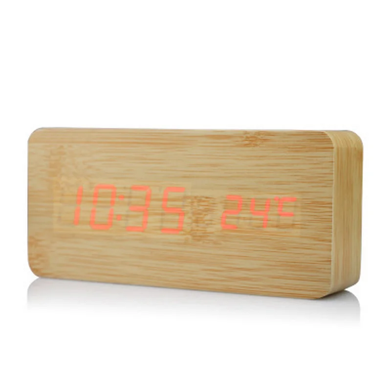 

LED Alarm Clock Sound Control Wood Clock Dual Power Supply Brightness Adjustment Sounds Control Work Day Alarm Clock