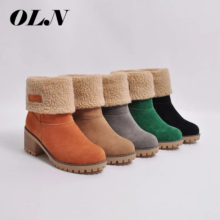 

Women Boots Female Winter Shoes Woman Fur Warm Snow Boots Fashion Square High Heels Ankle Boots Black Green Boots