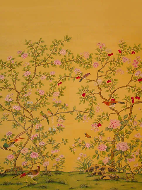 

Classic style elegant Hand-painted silk wallpaper Customized painting flowers with birds many patterns and background optional