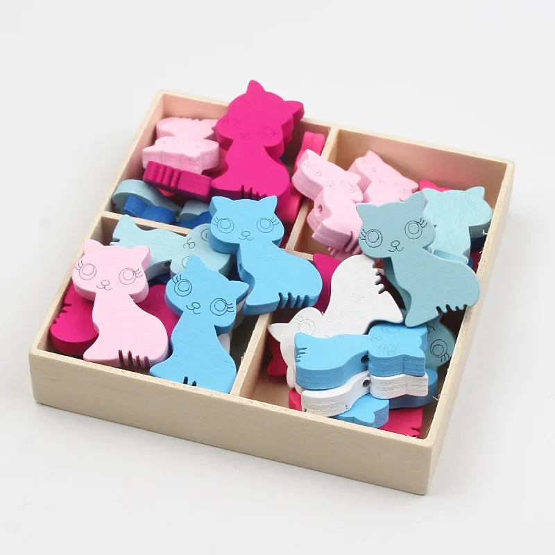 

50Pcs Mixed Color Cat Handmade Natural Wood Spacer Wooden Beads For Jewelry Making Fit Childs Crafts Beaded 29x18mm