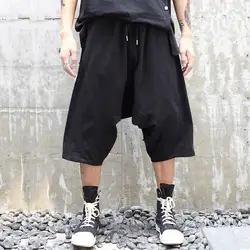 Для мужчин Япония темно черные короткие брюки из хлопка и льна с низким шаговым швом повседневные брюки мужские свободные шаровары уличная