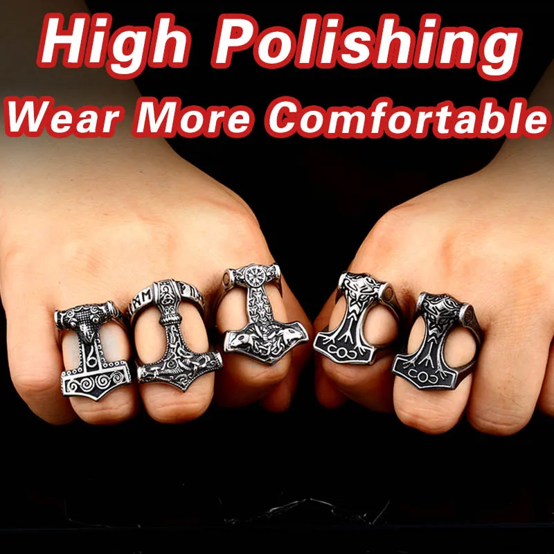Beier 316L Stainless Steel Nose viking for men scandinavian Odin thor's hammer mjolnir Runic Amulet Ring fasion jewelry LR567