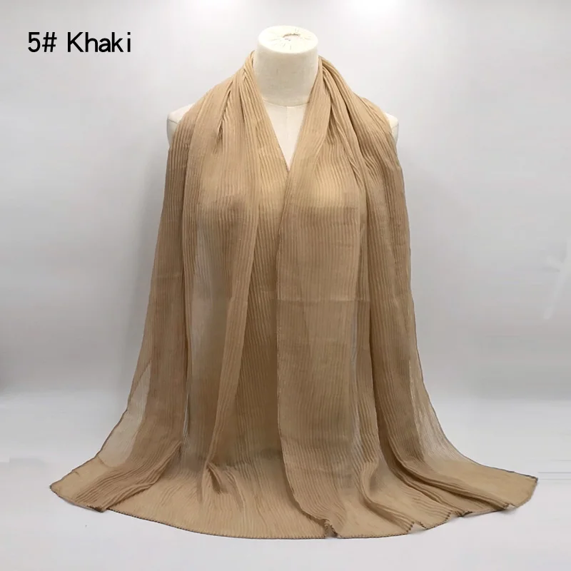Женский хлопковый шарф, плиссированный, обжим, хиджаб, шаль, большой длинный шарф, мусульманский платок, тюрбан для обертывания, 180x90 см, 20 цветов - Цвет: 5 khaki