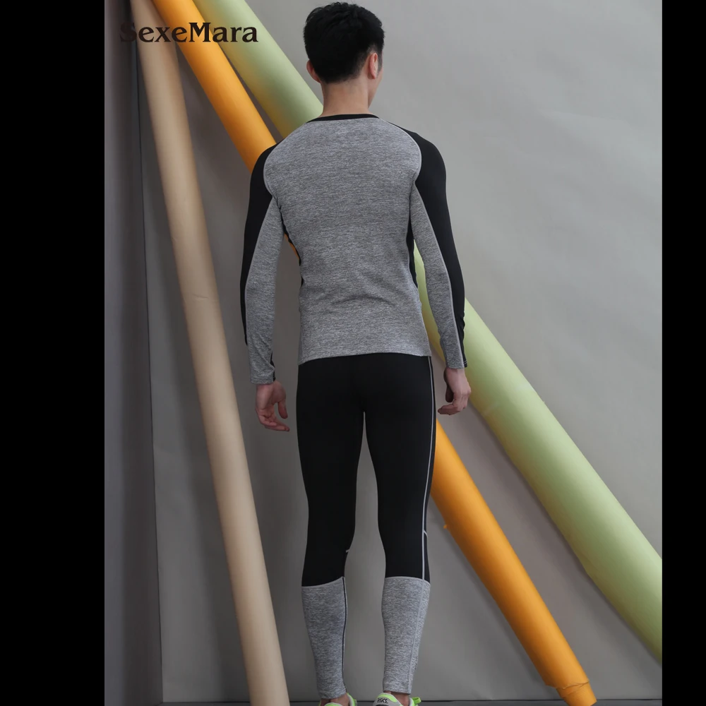 SexeMara сшивание мужские наборы компрессионные рубашки+ Леггинсы базовый слой Кроссфит фитнес MMA длинный рукав футболка для бега плотный комплект