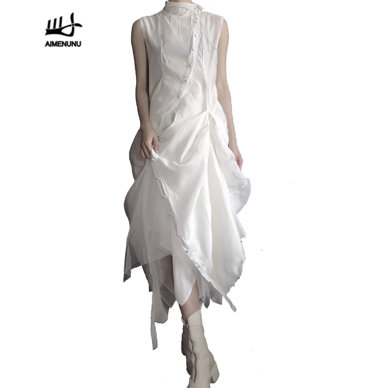 

AIMENUNU Patchwork Asymmetrical White Dress Women Button Stand Neck Sleeveless Ruched Dresses Female Vestidos 2019 New