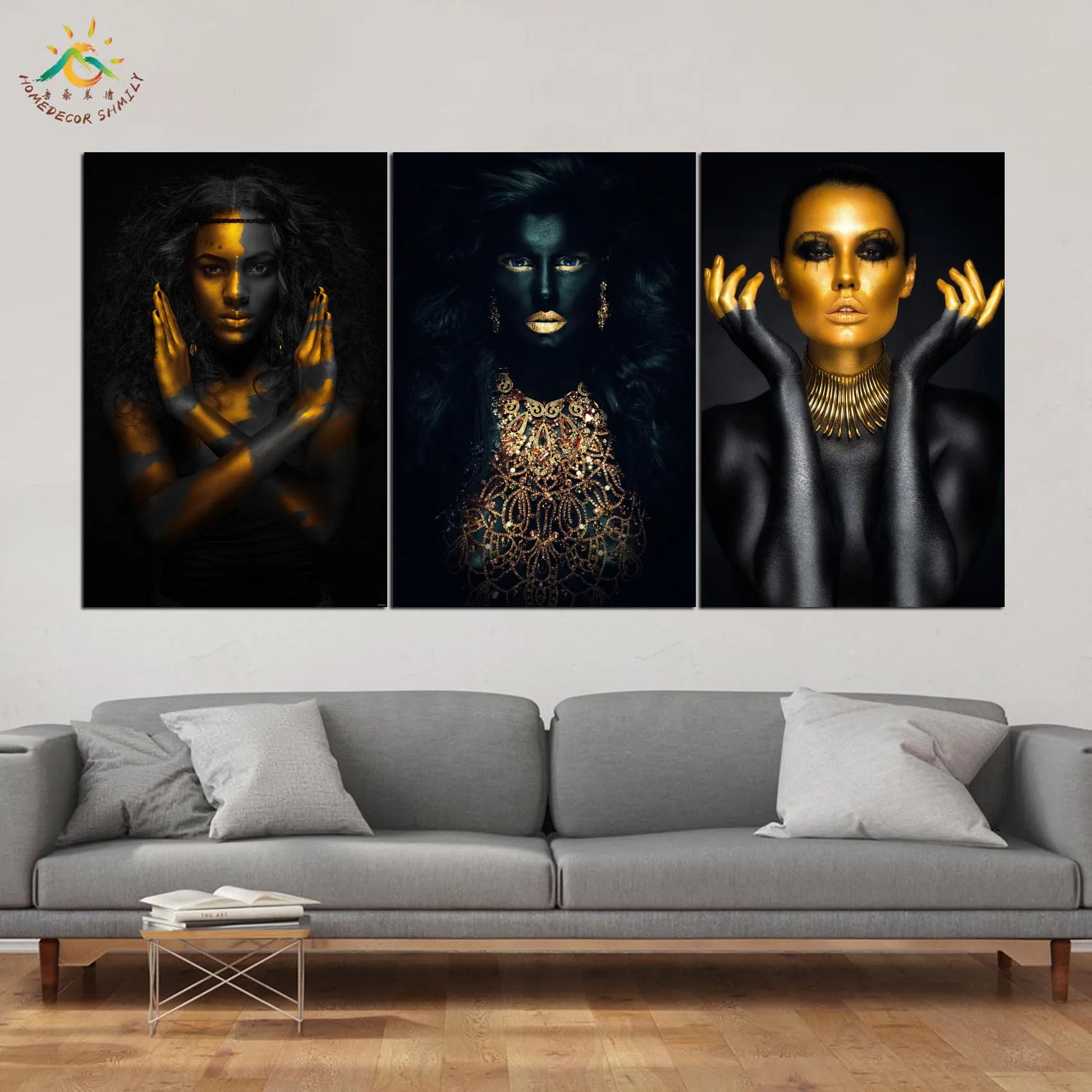 

Black Gold Woman Modern Canvas Art Prints Poster Wall Painting Home Decoration Artwork Wall Art Pictures for Bedroom 3 PIECES