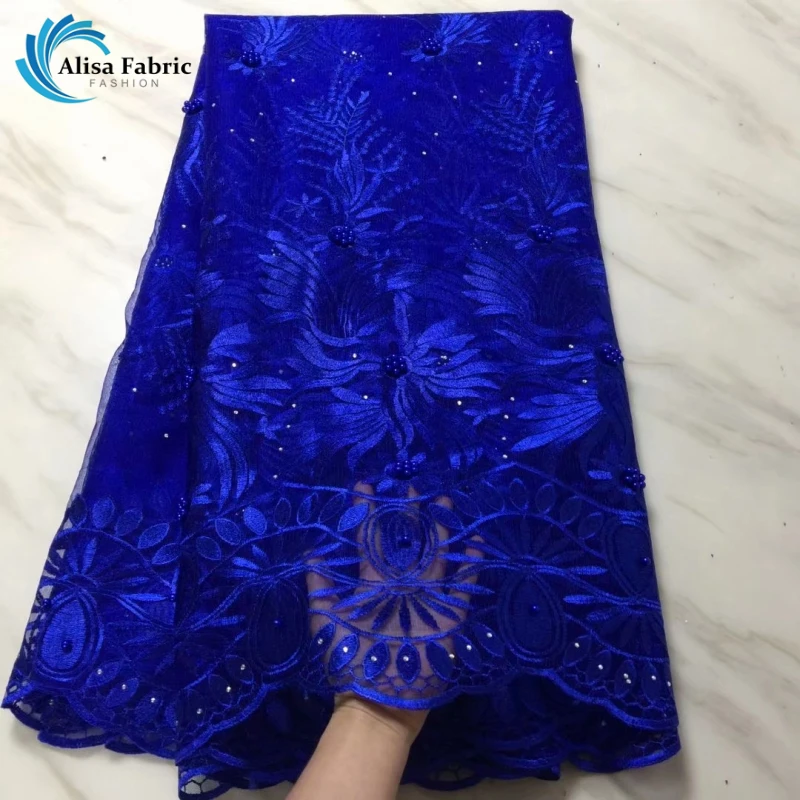 

Royal blue French Embroider tulle lace high quality Nigeria net lace with Beads and Stone Africa lace fabric for Wedding dress