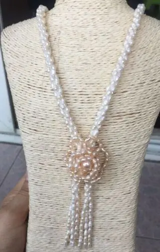 

hand made natural south sea white pearl necklace 30inch rose flower (9.13)