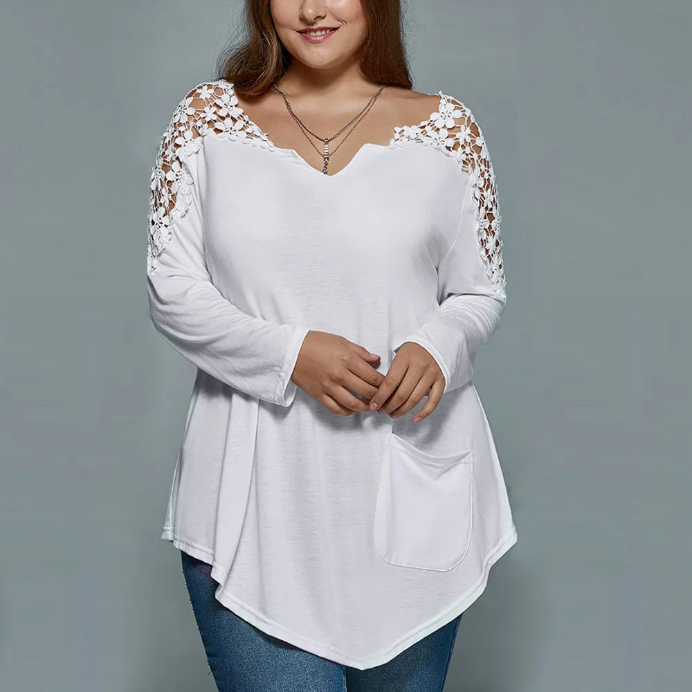 Модная Летняя женская Кружевная футболка с длинным рукавом размера плюс, повседневный топ с v-образным вырезом, однотонная кружевная женская одежда больших размеров 6XL 7XL