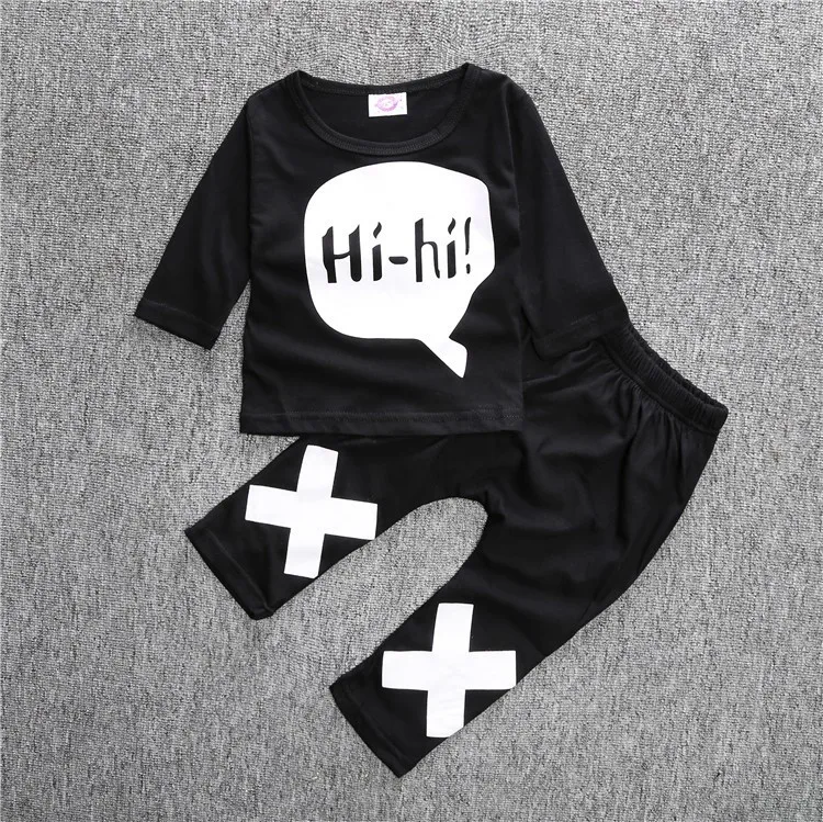 Осенние комплекты одежды для малышей хлопковая футболка с длинными рукавами и надписью и штаны для малышей-SAY Hi Babe
