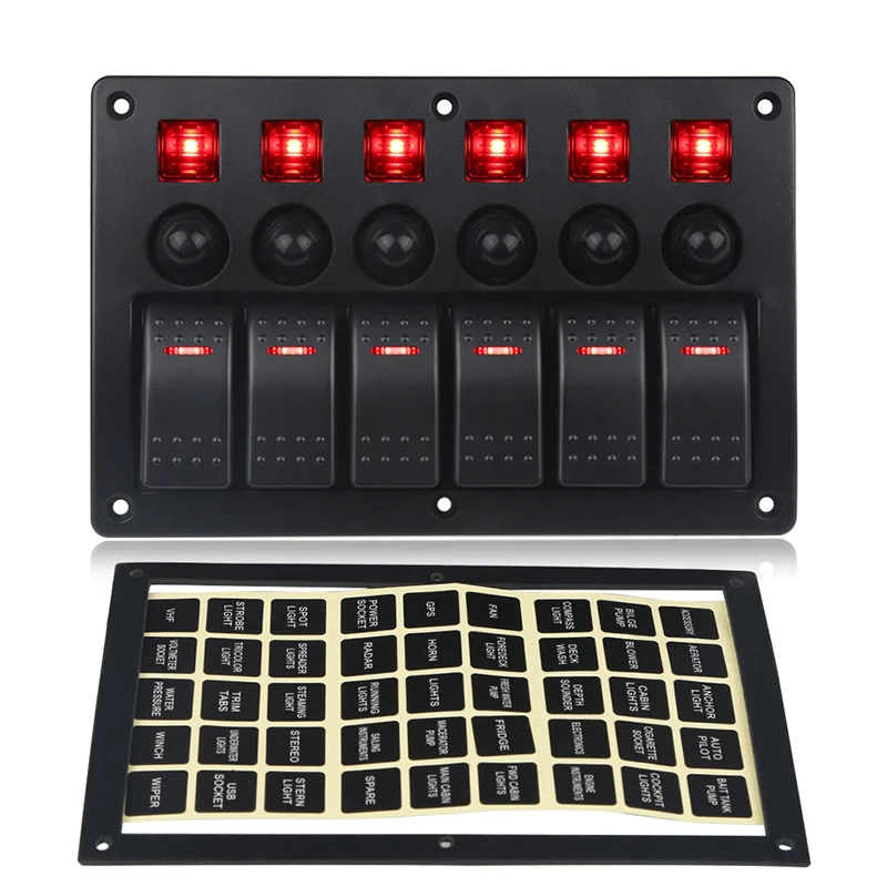 

6 Gang Switch Panel Marine 12V-24V Circuit Breaker Multi-Function Stickers Overload Protection On-Off Rocker Switch Car Boat