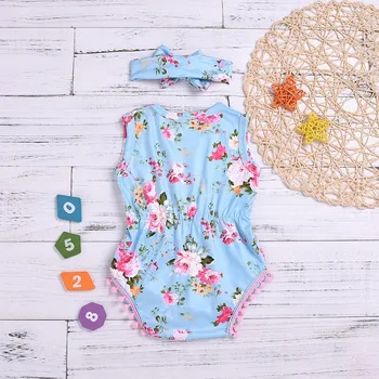 

Schattige Summer Newborn Baby Girls Cute Floral Rompers Headband Set Sleeveless Bodysuit With Tassel Design Jumpsuit