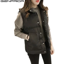 GENPRIOR осень тонкий большой размер женский зимний хлопковый жилет для отдыха без рукавов стоячий воротник короткий женский перо повседневное пальто Верхняя одежда