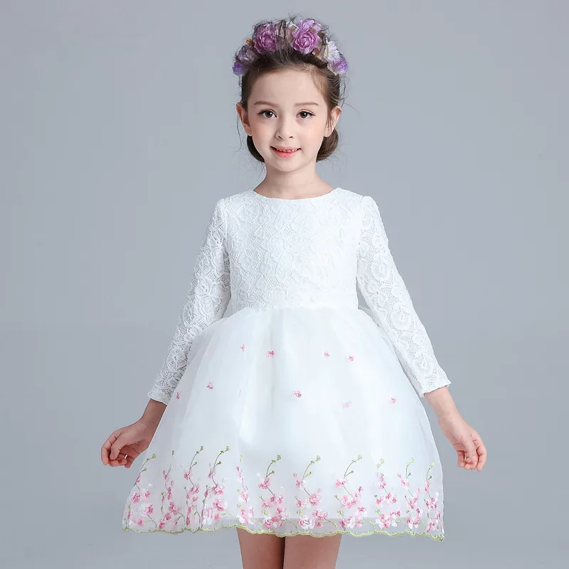 2017 Hiver Filles Robe Blanche À Manches Longues De Mariage Fleur Fille Robes Parti Costume Pour