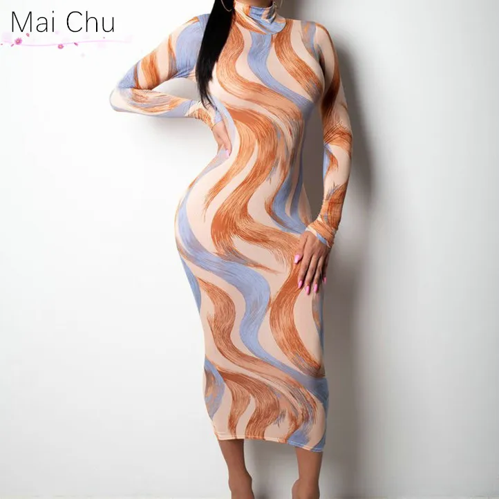 Sexy High Neck Long Sleeve Dress Print Slim dresses woman party night maxi dress vintage winter dresses women Sexy High Neck Long Sleeve Dress Print Slim dresses woman party night maxi dress vintage winter dresses women