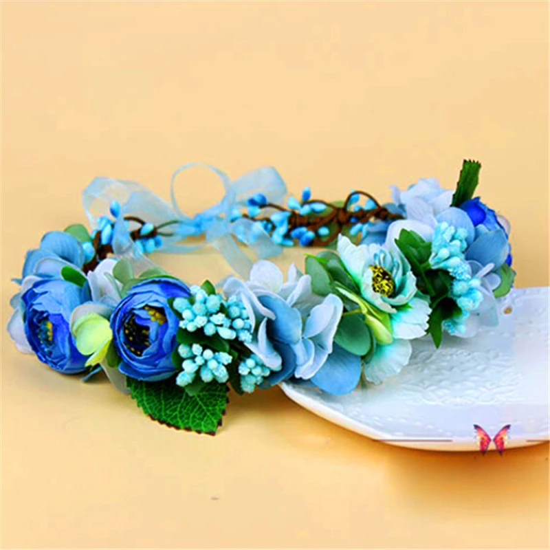 ファッション花かぶとウェディングブライダルヘアアクセサリー花クラウンボヘミアヘイロー花クラウンブルー人工花クラウン Flower Crown Floral Crownflower Crown Blue Aliexpress