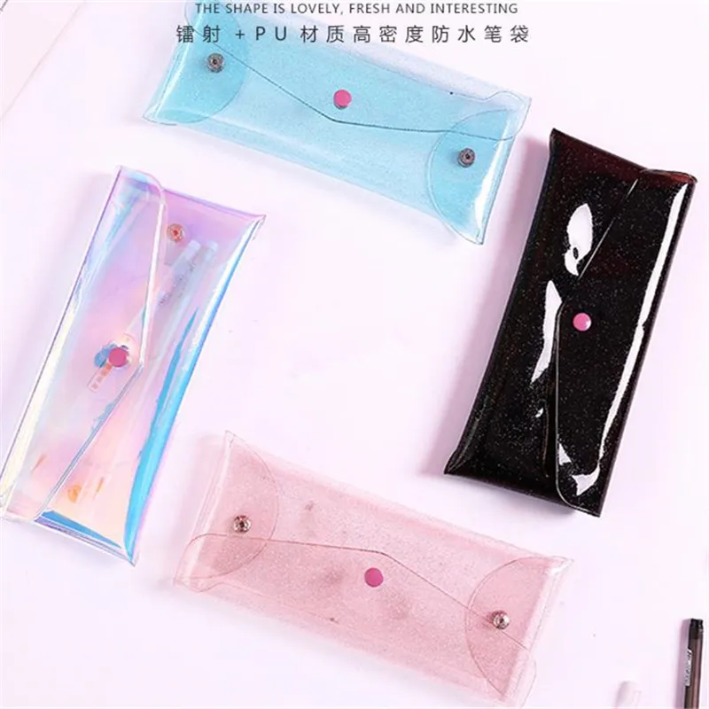 

40pcs Creative Bag Laser Style Pen Bags PU Pink/Blue/Black Transparent Pencase Office/Shool Supplies Stationery Buckle 20cm