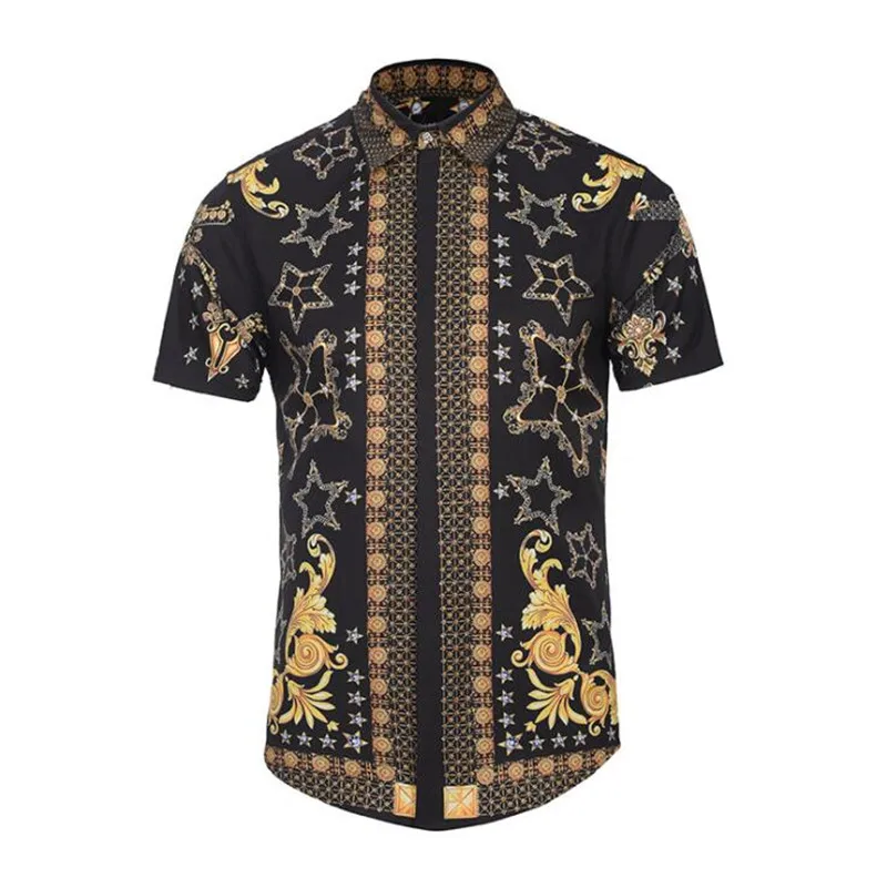 New Arrival 2018 Summer Black Gold Mens Shirts Casual Slim Fit Shirt