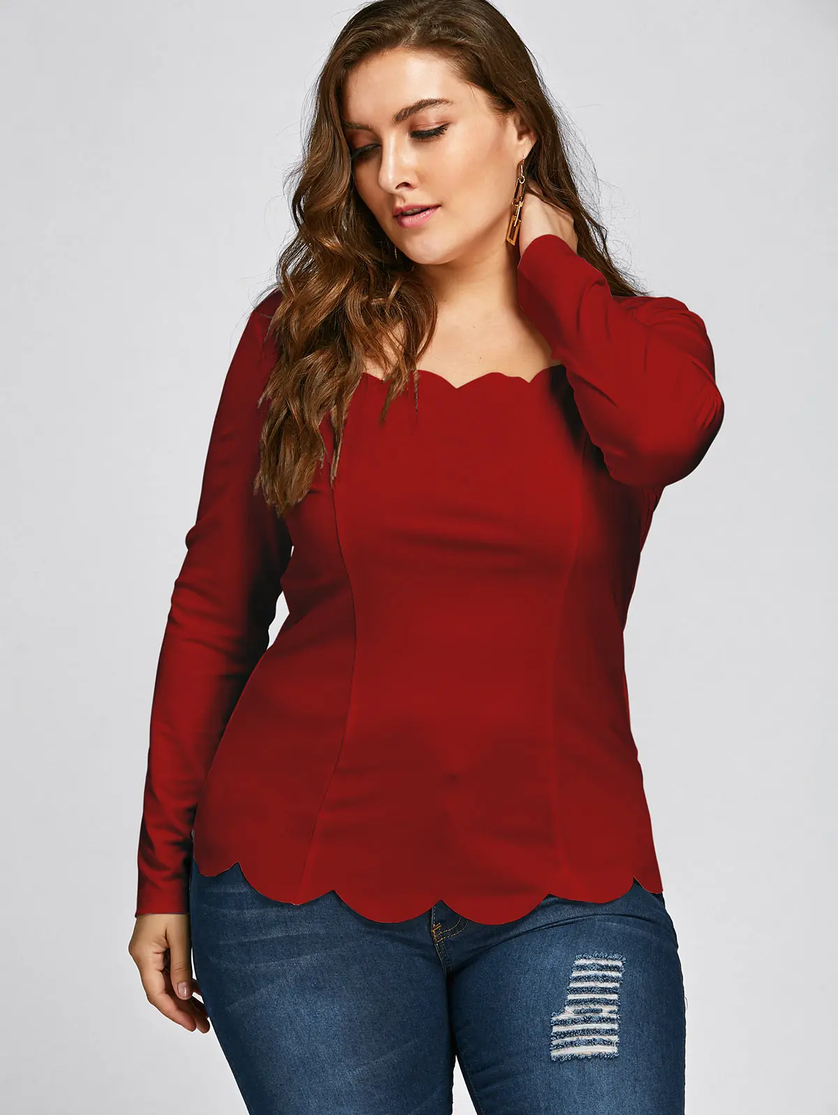 

Gamiss Women Spring Fashion Plus Size 5XL 4XL Scalloped Square Neck Long Sleeve Top Solid Color Casual Female Large Size T Shirt