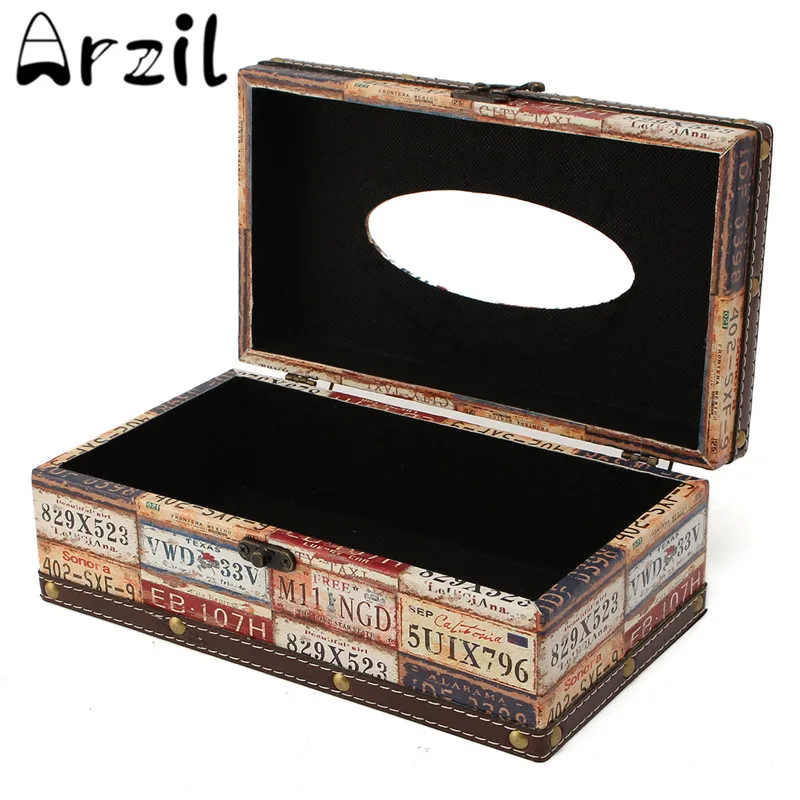 Tissue Box Rectangular Retro Wooden Paper Cover Case Vehicle License Plate Number Napkin Holder Home Decor