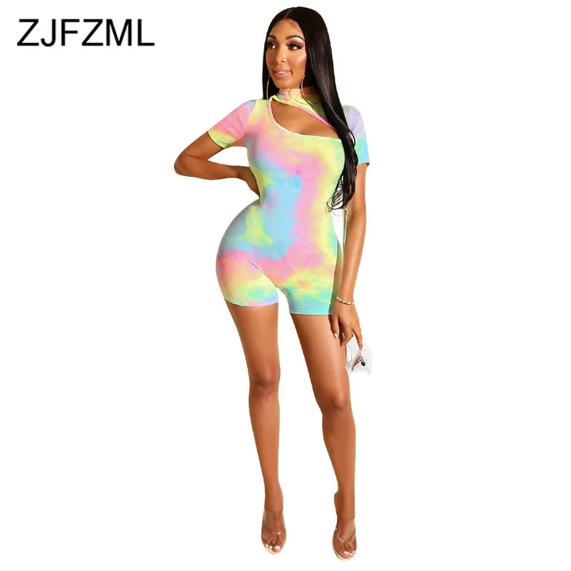 

Rainbow Tie Dye Print Sexy Bodysuit Women Short Sleeve Front Cut Out Bodycon Jumpsuit Summer High Neck Short One Piece Playsuit