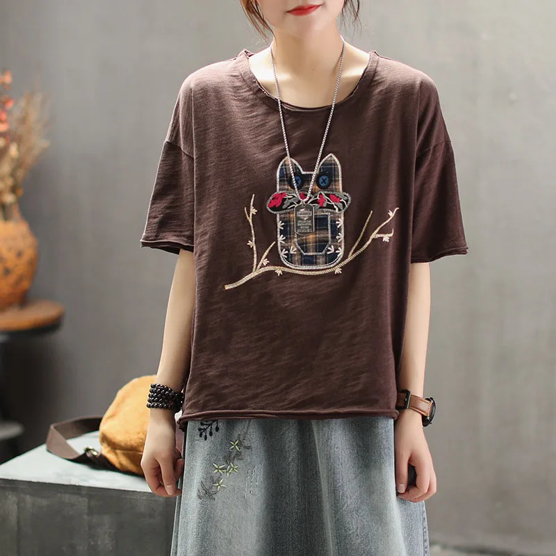 

QPFJQD Vintage Summer Cotton T Shirt Ladies Casual Clothing Tops Animal Owl Embroidery T-Shirt Patchwork Woman Clothes O-Neck
