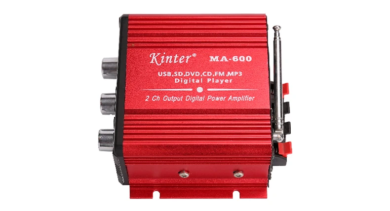kinter MA-600 mini amplifier audio 2.0 channel 25W with usb sd MP3 FM led digital display remote control connect speaker play stereo sound adjust bass treble DC 12V power input red aluminum enclosure (9)