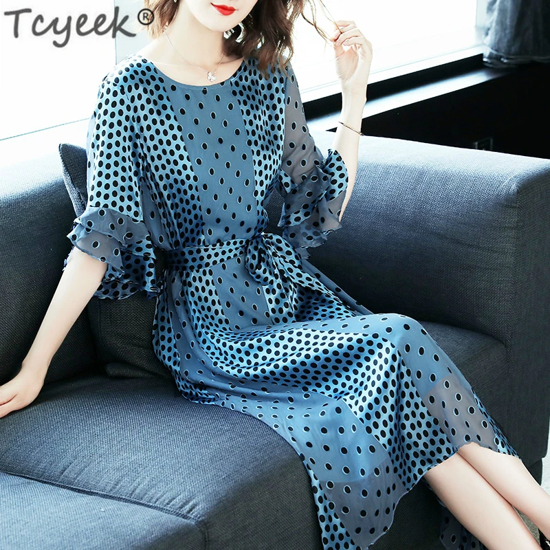 

Tcyeek Silk Long Dress Women Polka Dot Dress Blue Slim Party Dresses Elegant Summer Dresses Spring Vestidos Verano 2019 LWL1519