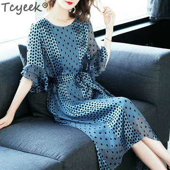 

Tcyeek Silk Long Dress Women Polka Dot Dress Blue Slim Party Dresses Elegant Summer Dresses Spring Vestidos Verano 2020 LWL1519