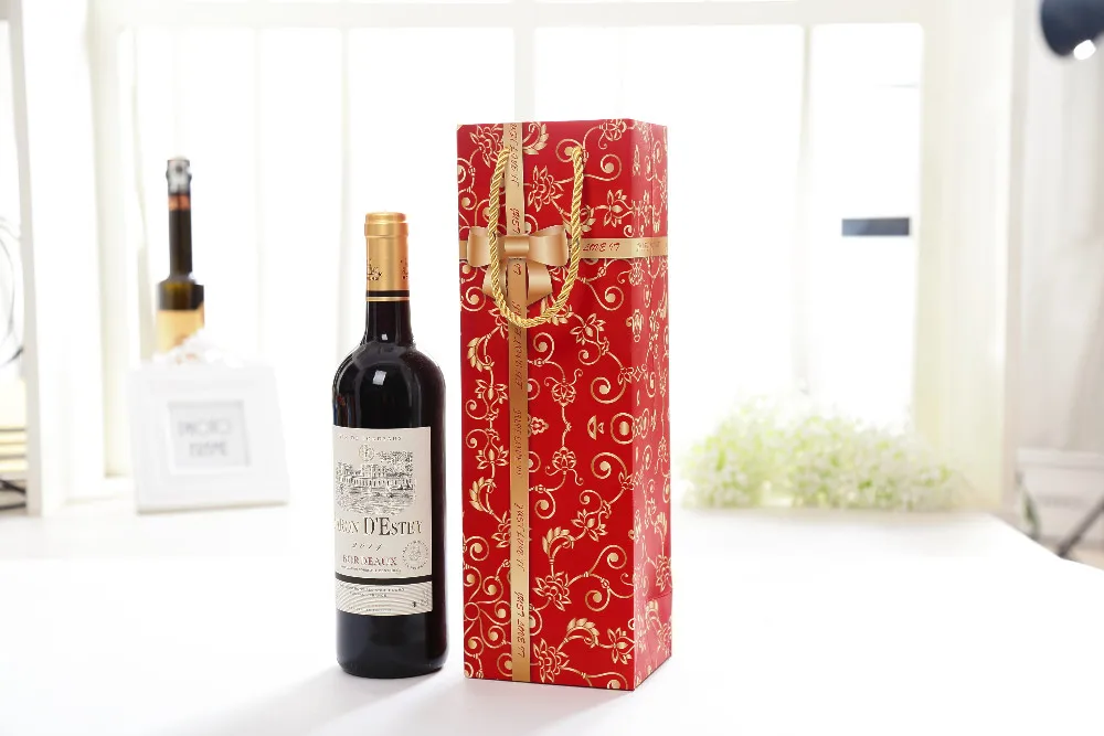 Красная картонная сумка для вина одна двойная бутылка с золотом веревка бант печать ламинированная водонепроницаемая сумка Коробка конфета подарочная упаковка