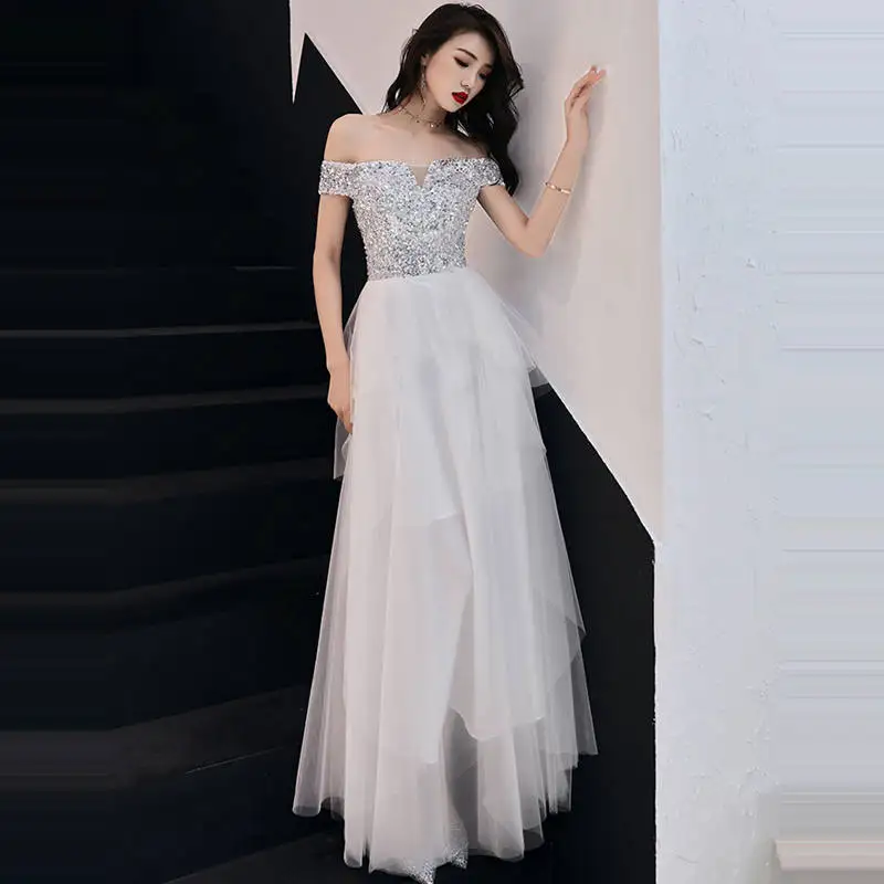 Boat neck long It's Yiya/вечернее платье, блестящее, с блестками, с круглым вырезом, многоярусная со складками, винно-красные вечерние платья SB022 A-Line robe de soiree - Цвет: Boat neck long