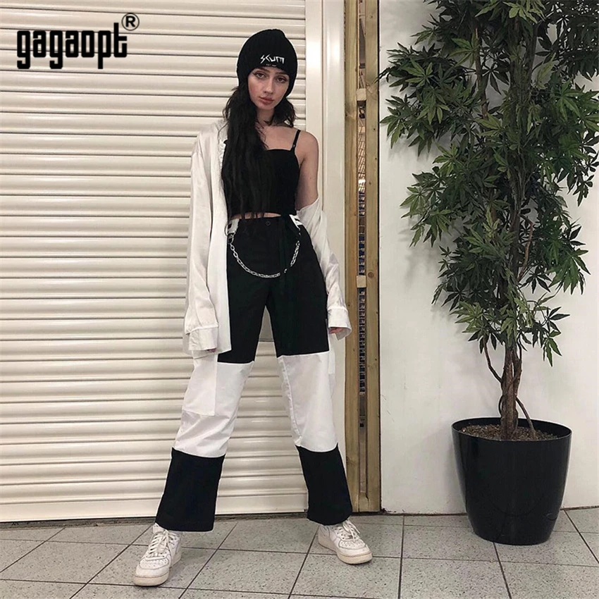 Женские длинные штаны шаровары Gagaopt черные и белые в полоску с высокой талией